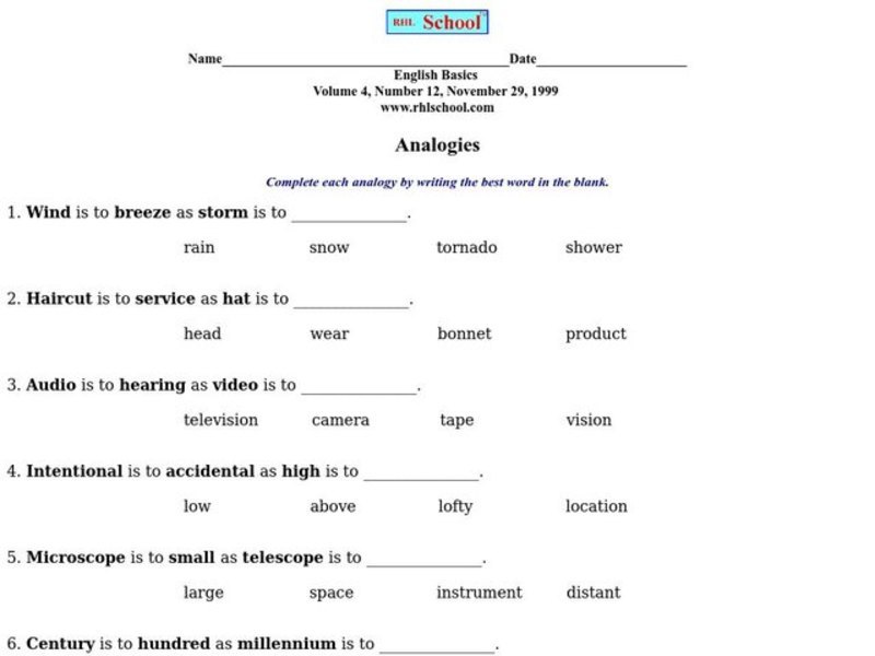 Analogies Worksheet