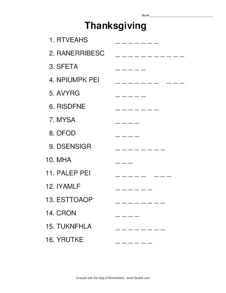 Thanksgiving Worksheet