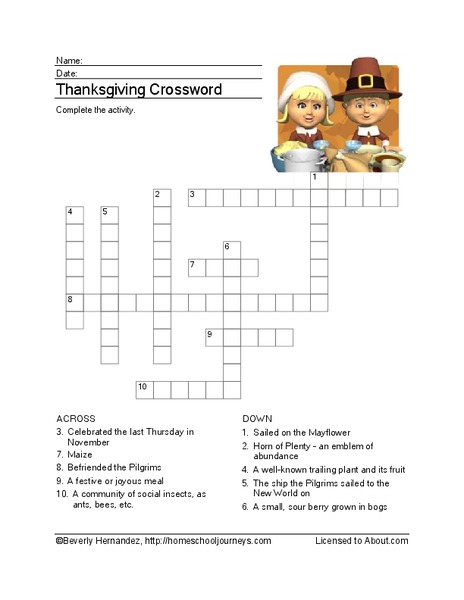 Thanksgiving Crossword Puzzle Worksheet