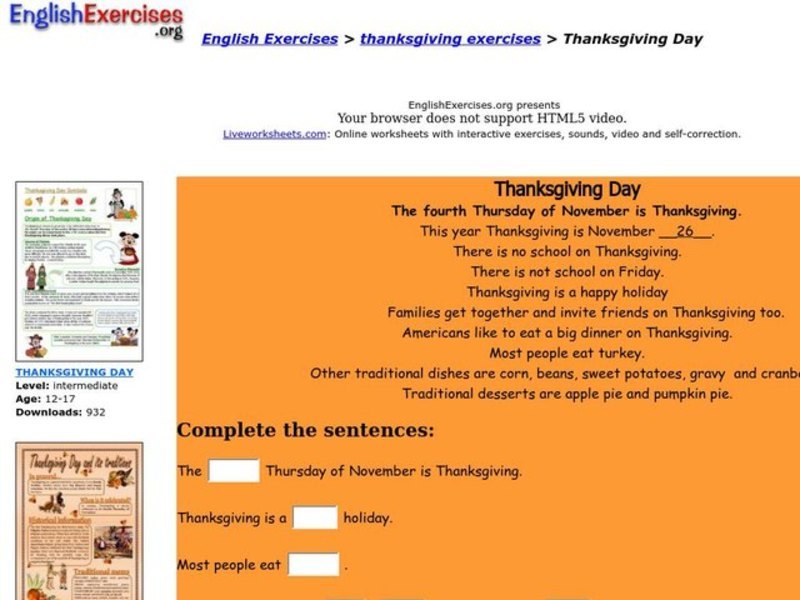 Thanksgiving Day Worksheet