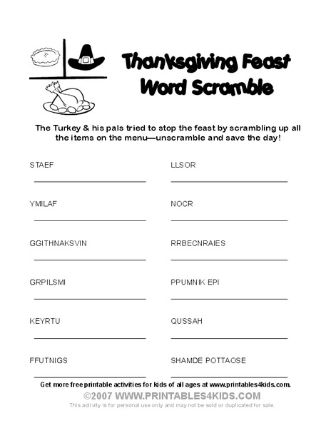 Thanksgiving Feast Word Scramble Worksheet