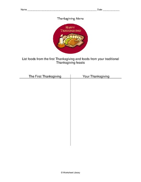 Thanksgiving Menu Worksheet