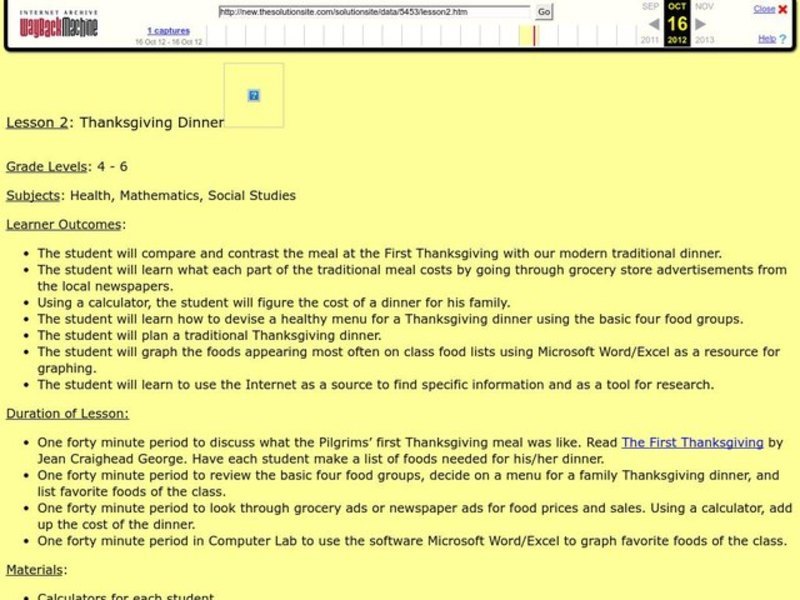 Thanksgiving Dinner Lesson Plan