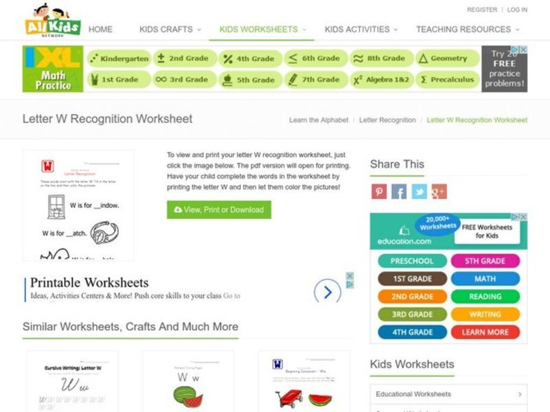 Alphabet Worksheet: Letter W Recognition Worksheet