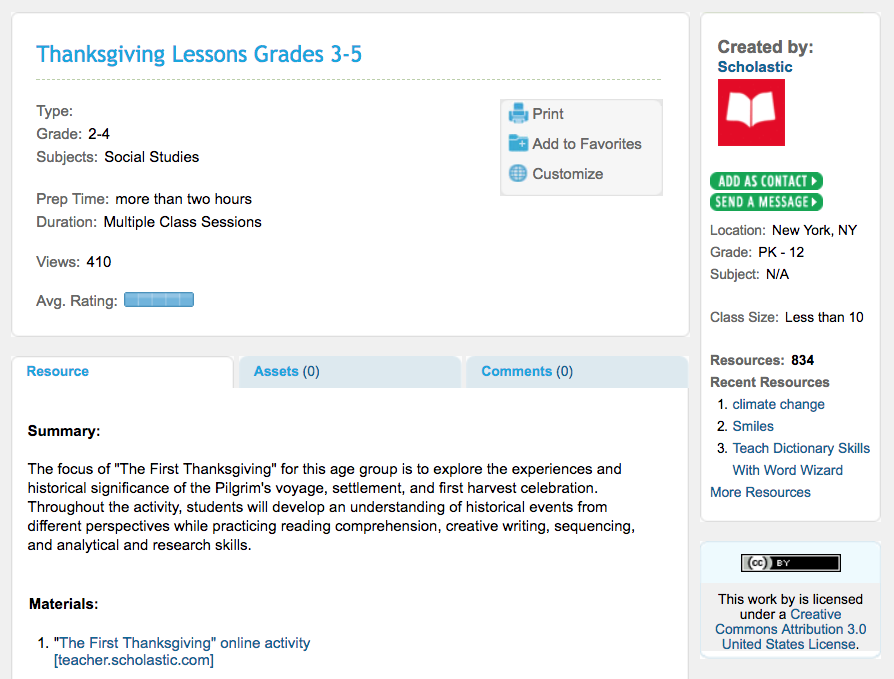 Thanksgiving Lessons Grades 3-5 Lesson Plan