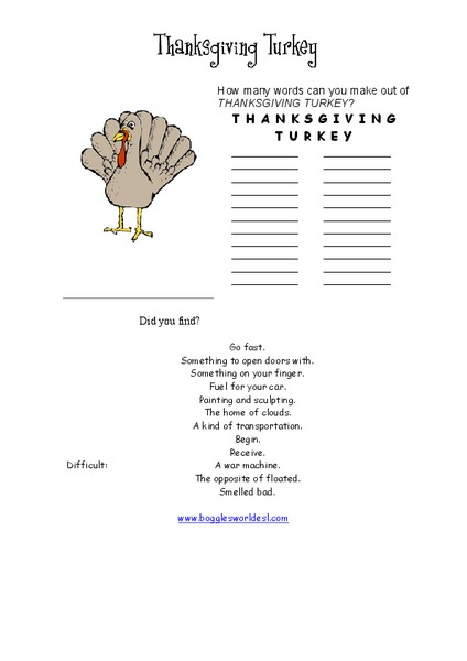 Thanksgiving Turkey Worksheet