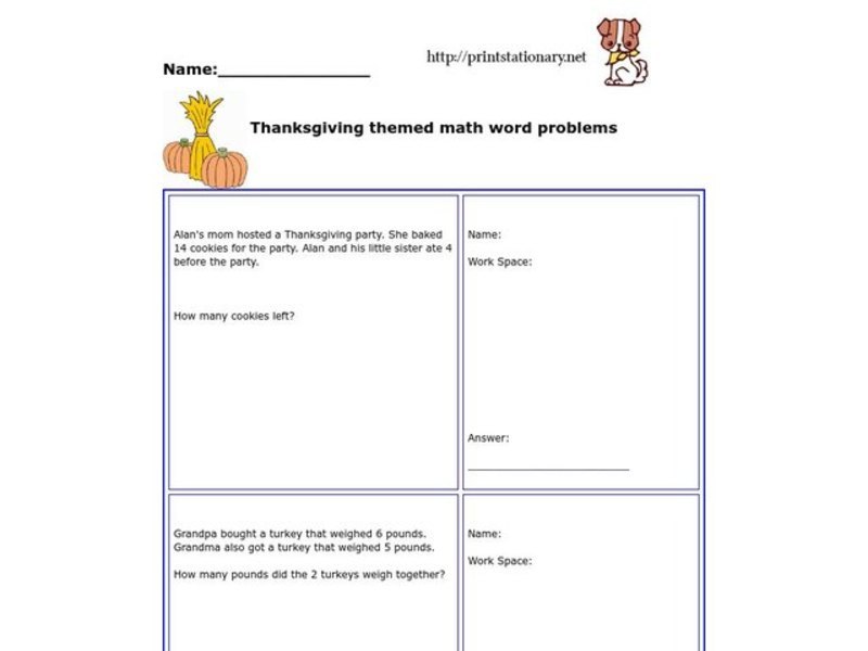 Thanksgiving Themed Math Word Problems Worksheet