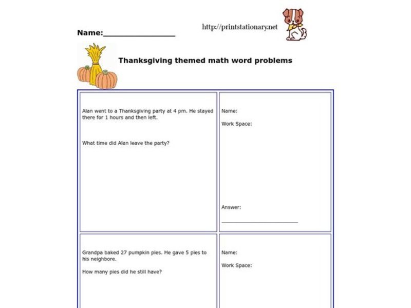 Thanksgiving Themed Math Word Problems Worksheet