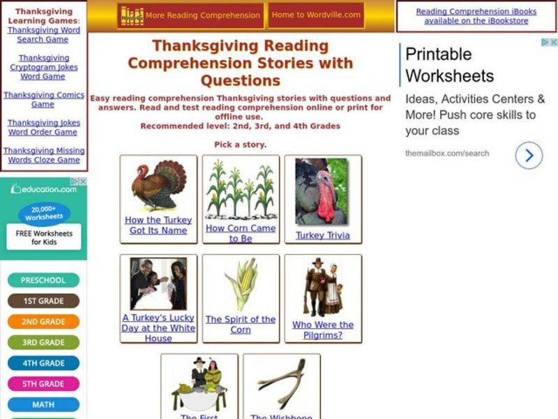Thanksgiving Reading Comprehension Interactive