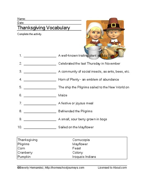 Thanksgiving Vocabulary Worksheet