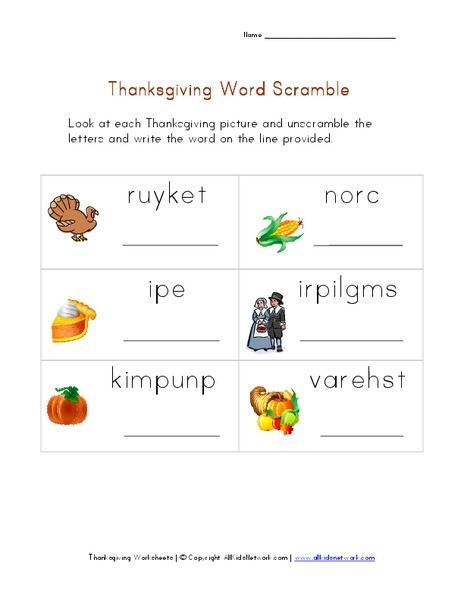 Thanksgiving Word Scramble Worksheet