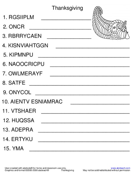 Thanksgiving Word Scramble Worksheet