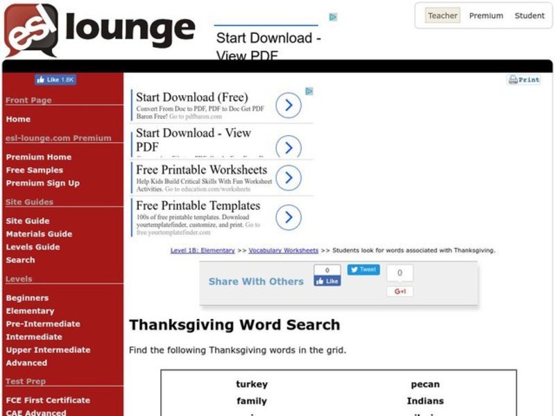 Thanksgiving Word Search Worksheet