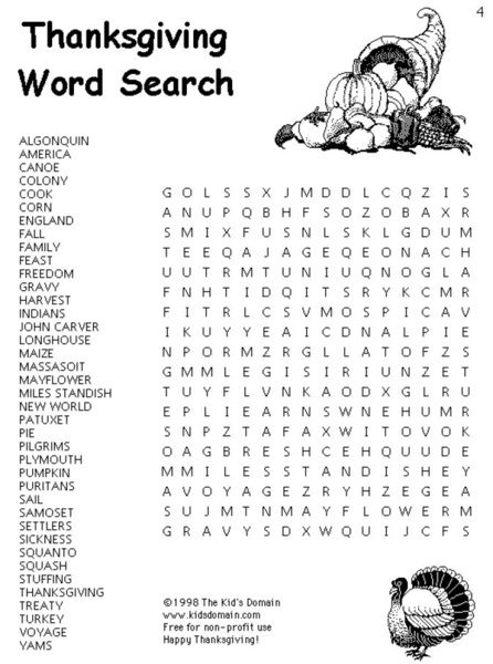 Thanksgiving Word Search Worksheet