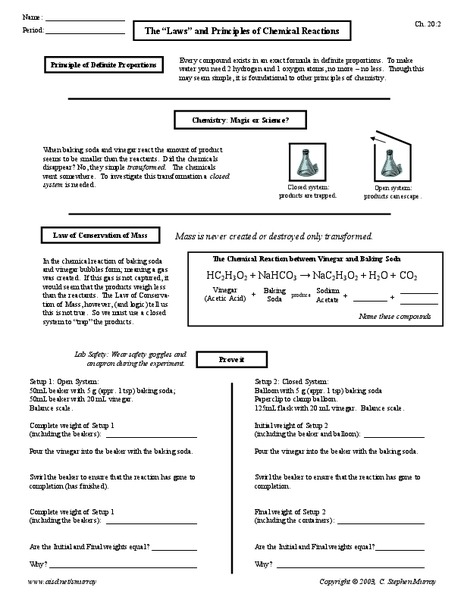 The "Laws" and Principles of Chemical Reactions Worksheet