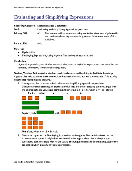 Evaluating and Simplifying Expressions Lesson Plan