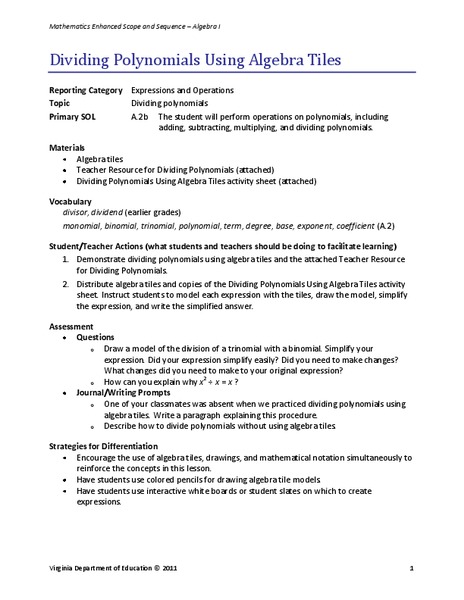 Dividing Polynomials Using Algebra Tiles Lesson Plan