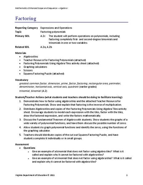 Factoring Lesson Plan
