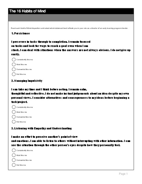 The 16 Habits of Mind Worksheet