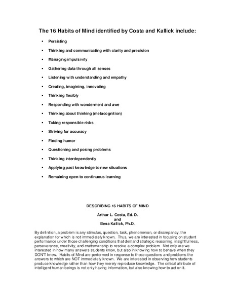 The 16 Habits of Mind Handout