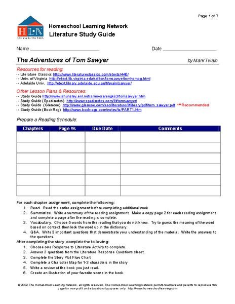The Adventures of Tom Sawyer Worksheet