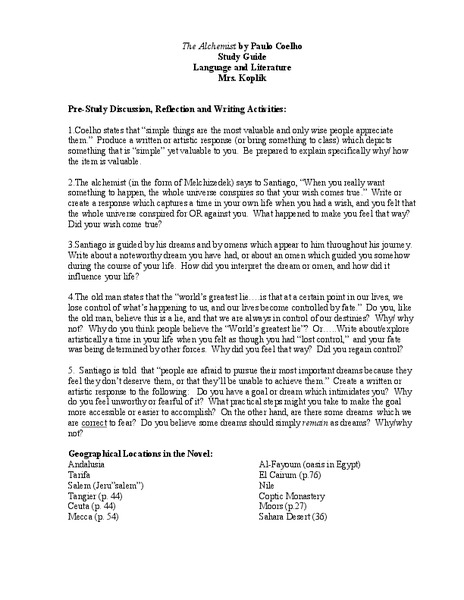 The Alchemist by Paulo Coehlo Worksheet
