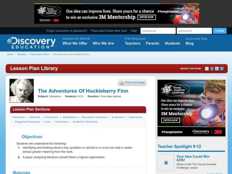 The Adventures of Huckleberry Finn Lesson Plan