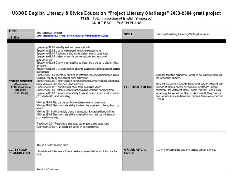 The American Dream Lesson Plan