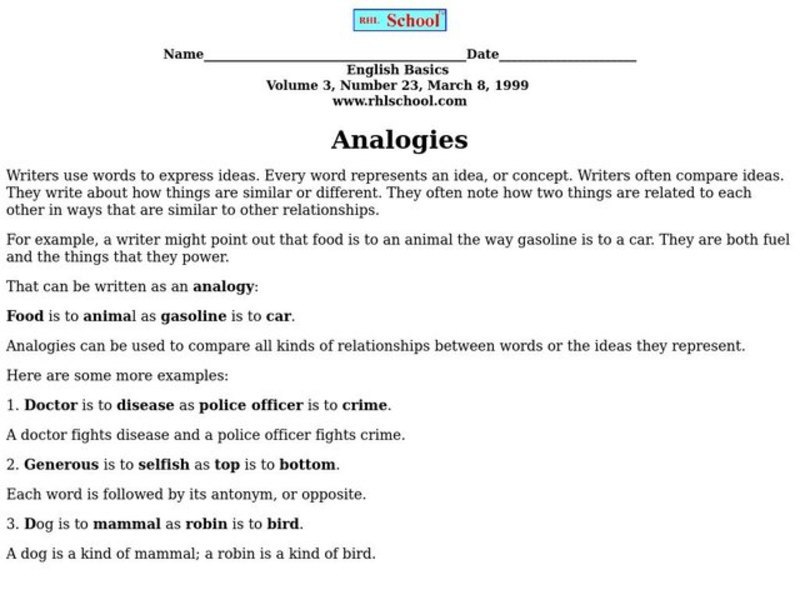 Analogies Worksheet