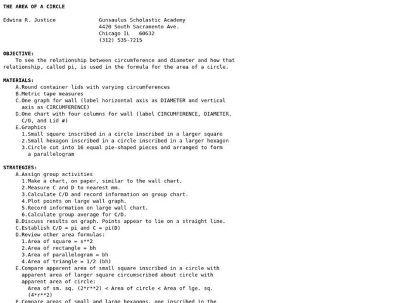 THE AREA OF A CIRCLE Lesson Plan