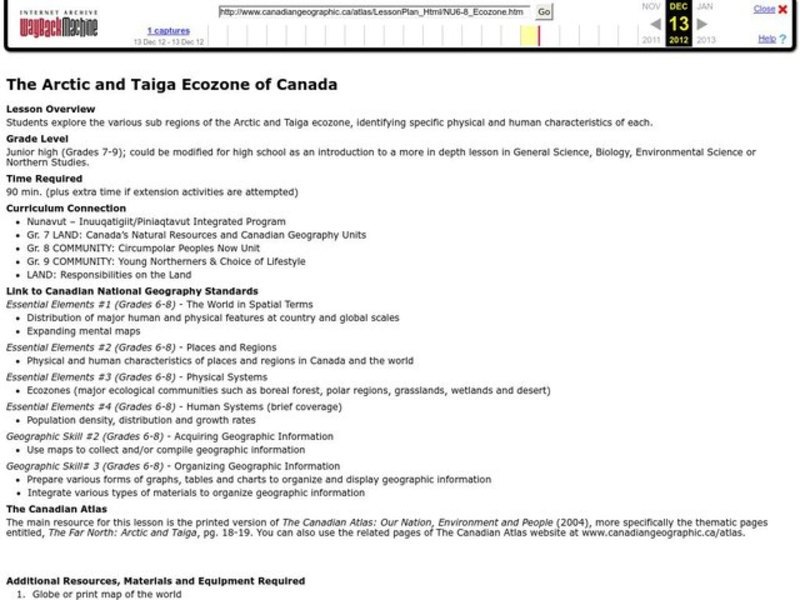 The Arctic and Taiga Ecozone of Canada Lesson Plan