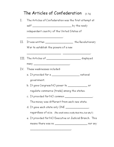 The Articles of Confederation Worksheet
