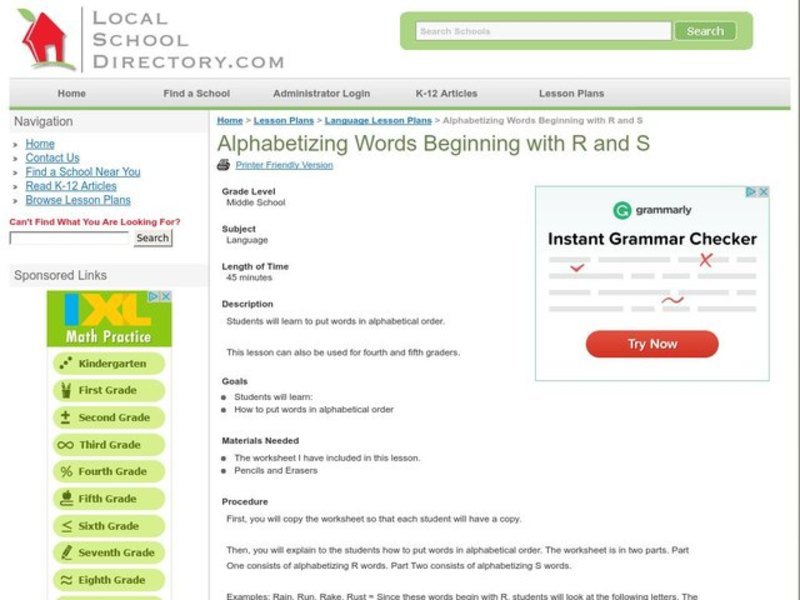 Alphabetizing Words Beginning with R and S Lesson Plan