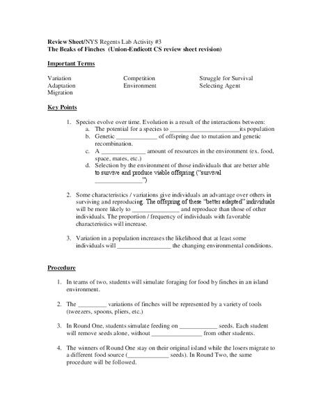 The Beaks of Finches Lesson Plan