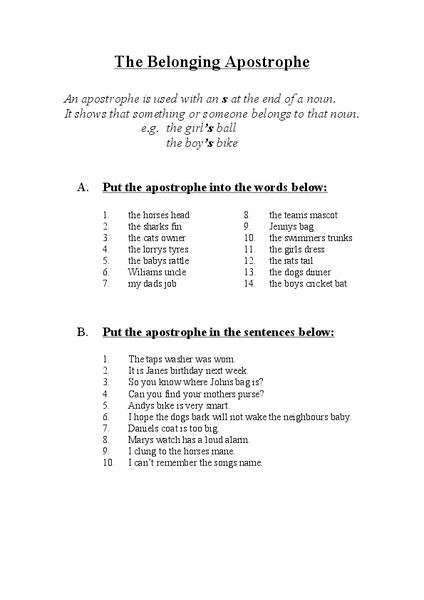 The Belonging Apostrophe Worksheet