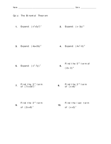The Binomial Theorem Worksheet