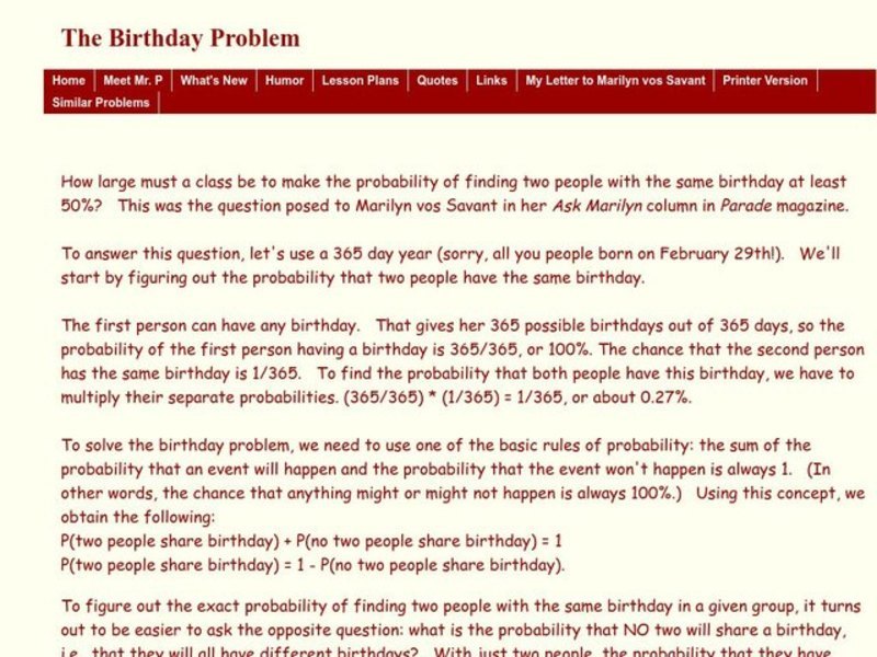The Birthday Problem Worksheet