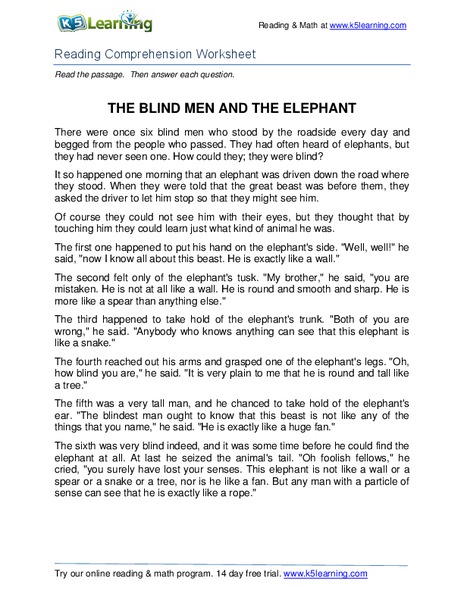 The Blind Men and the Elephant Worksheet