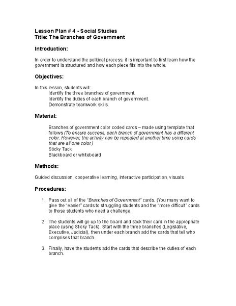 The Branches of Government Lesson Plan