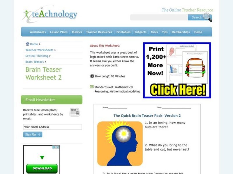 The Brain Teaser Five Pack Worksheet