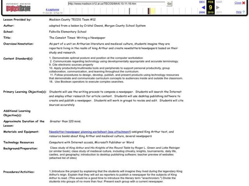 The Camelot Times: Writing a Newspaper Lesson Plan