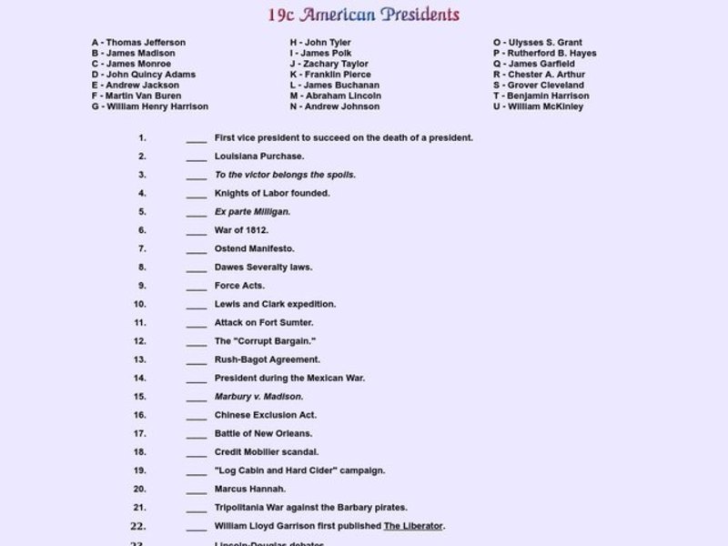 American Presidents Worksheet
