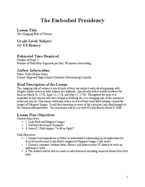 The Changing Role of Women Lesson Plan