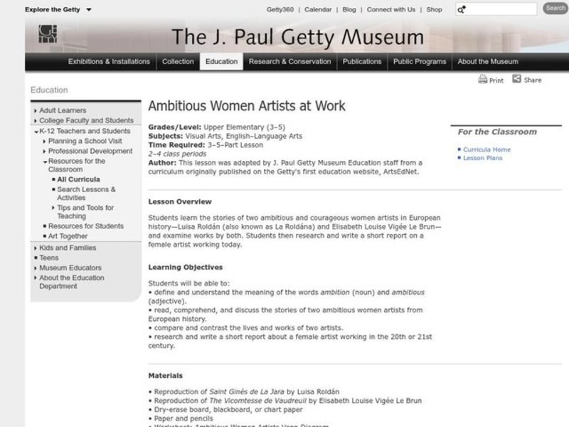 Ambitious Women Artists at Work Lesson Plan