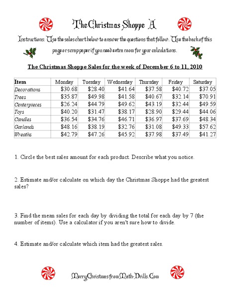 The Christmas Shoppe A Worksheet