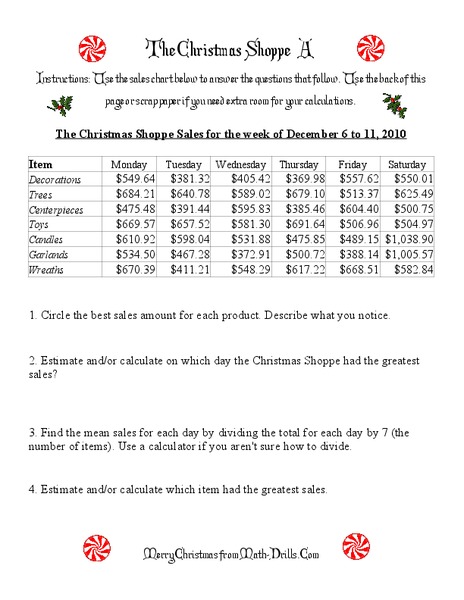 The Christmas Shoppe A Worksheet