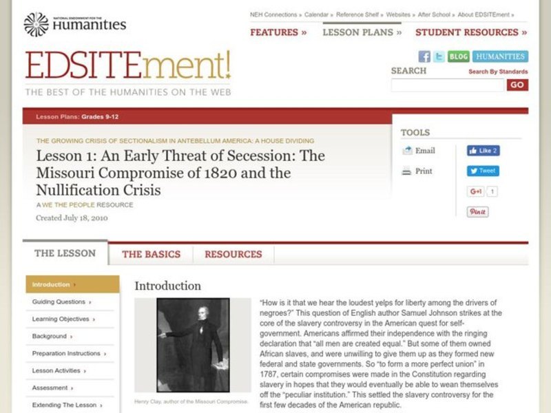 An Early Threat of Secession: The Missouri Compromise of 1820 and the Nullification Crisis Lesson Plan
