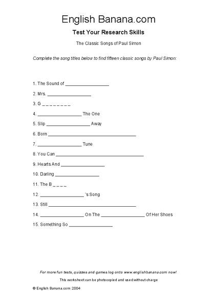 The Classic Songs of Paul Simon Worksheet