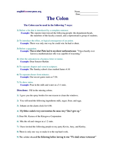 The Colon Worksheet