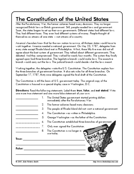 The Constitution of the United States Worksheet